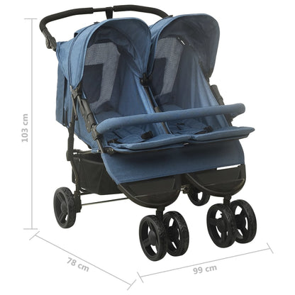vidaXL Passeggino Gemellare Blu Marino in Acciaio