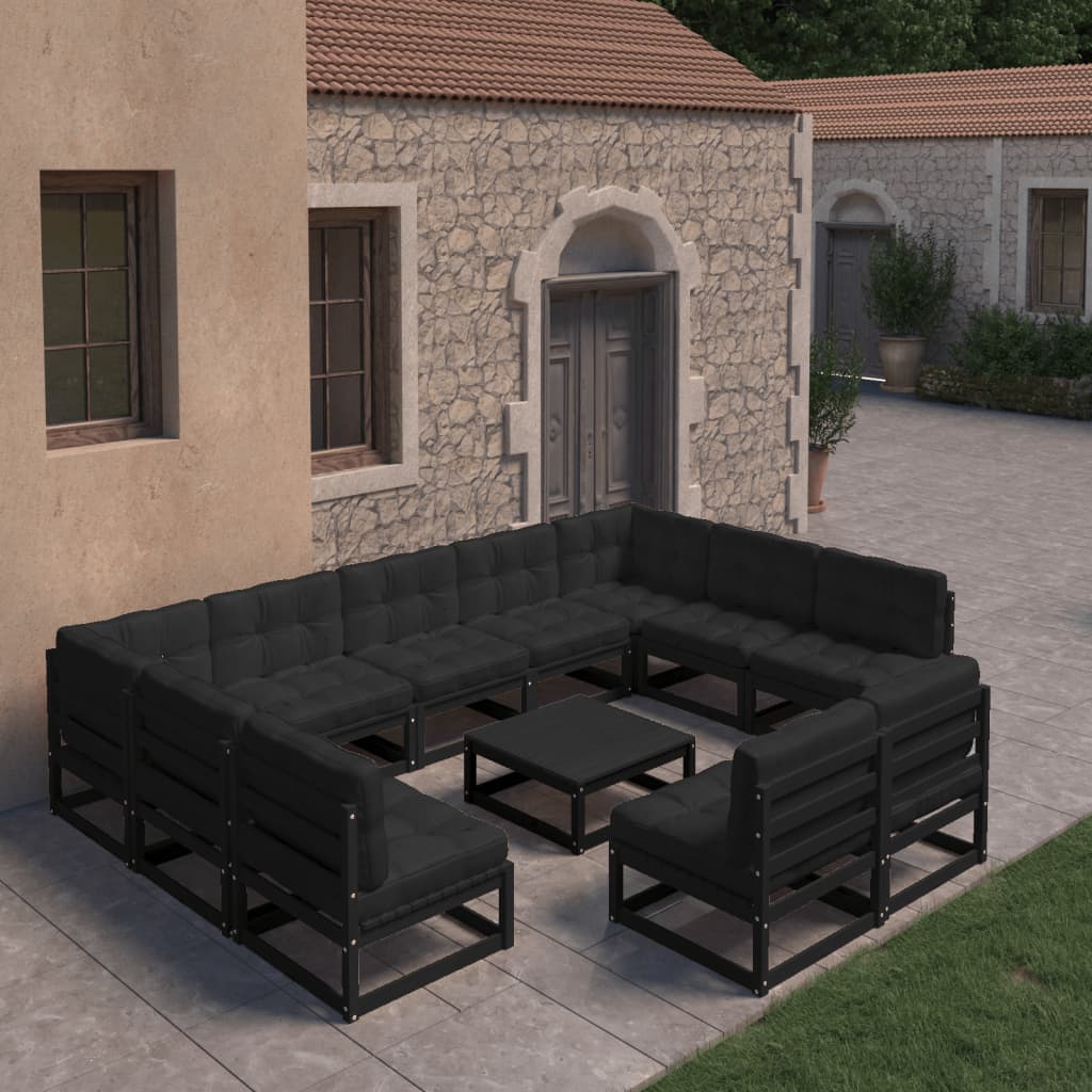 vidaXL Set Divani da Giardino 10 pz con Cuscini Massello di Pino Nero
