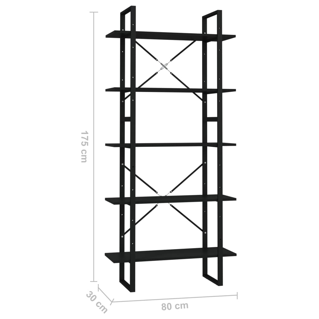 vidaXL Libreria a 5 Ripiani Nera 80x30x175 cm in Legno Multistrato