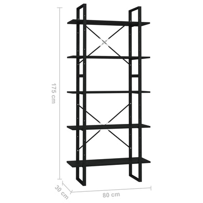vidaXL Libreria a 5 Ripiani Nera 80x30x175 cm in Legno Multistrato