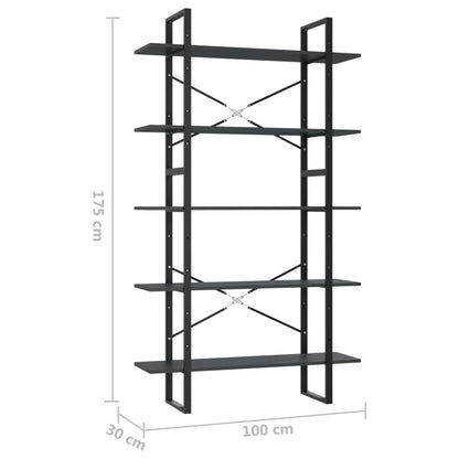vidaXL Libreria a 5 Ripiani Grigia 100x30x175 cm in Legno Multistrato