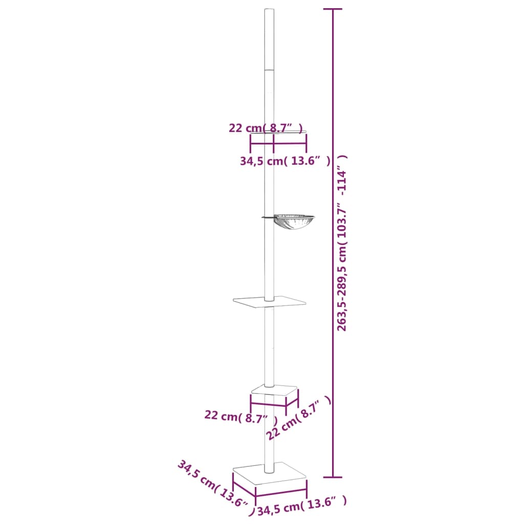 vidaXL Albero per Gatti Pavimento Soffitto Grigio Chiaro 263,5-289,5cm