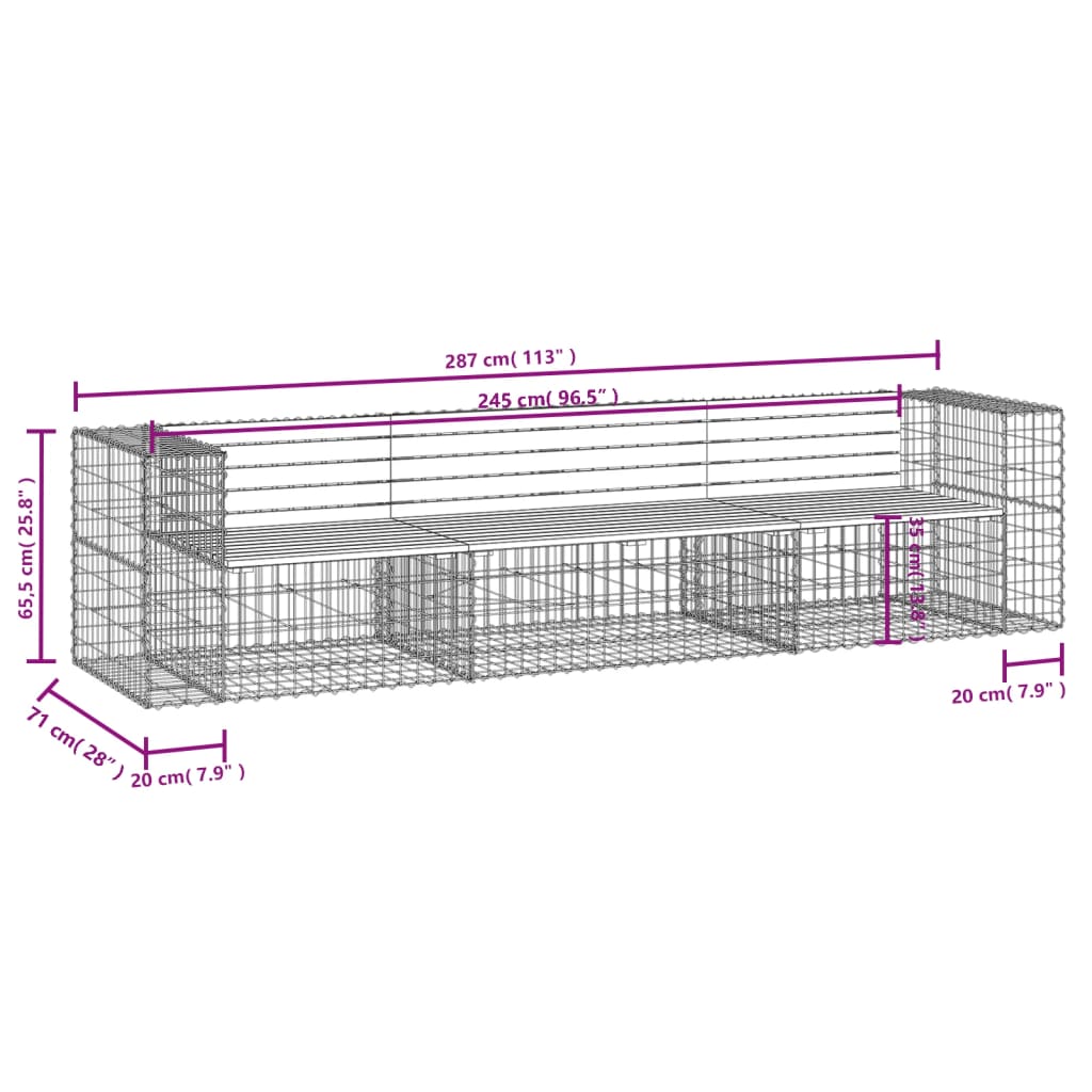 vidaXL Panca Giardino Design Gabbione 287x71x65,5 cm Massello Douglas