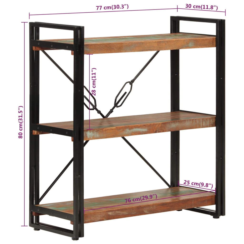 vidaXL Libreria 3 Livelli 77x30x80 cm Legno Massello Recupero e Ferro VIDAXL