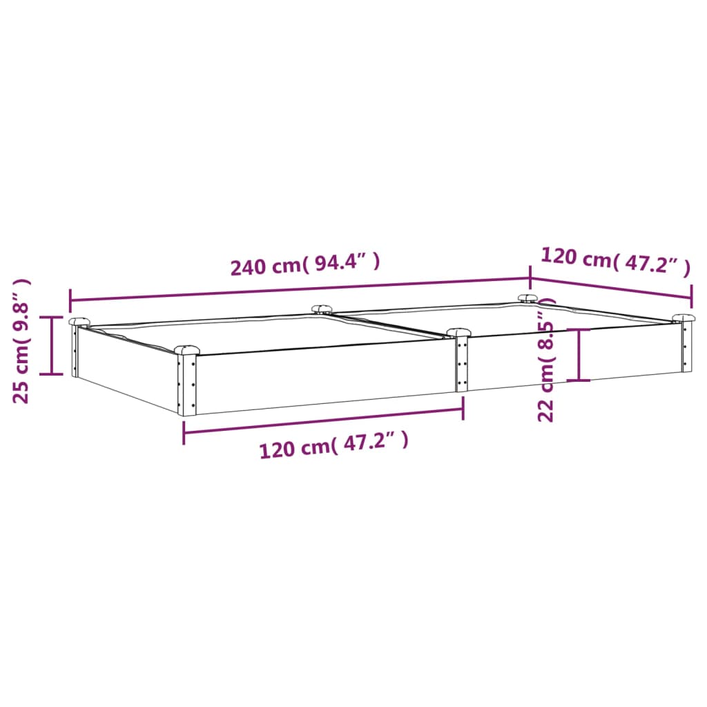 vidaXL Fioriera da Giardino Fodera Marrone 240x120x25cm Massello Abete VIDAXL