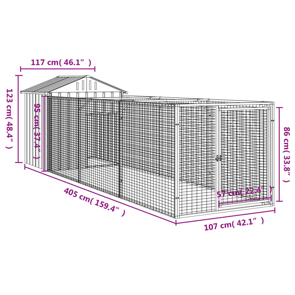 vidaXL Casetta Cani con Tetto Antracite 117x405x123 cm Acciaio Zincato