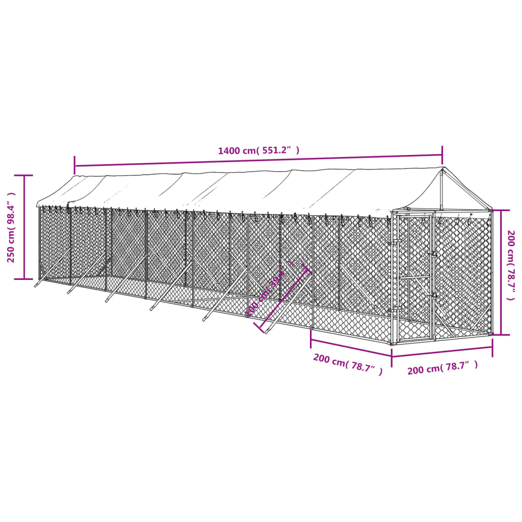 vidaXL Cuccia Cani da Esterno Tetto Argento 2x14x2,5 m Acciaio Zincato