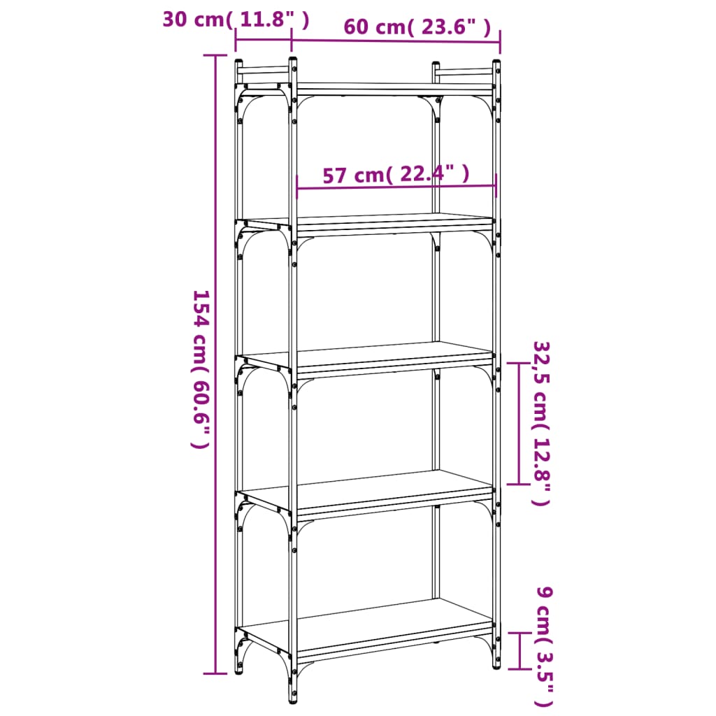 vidaXL Libreria 5 Ripiani Grigio Sonoma 60x30x154cm Legno Multistrato VIDAXL