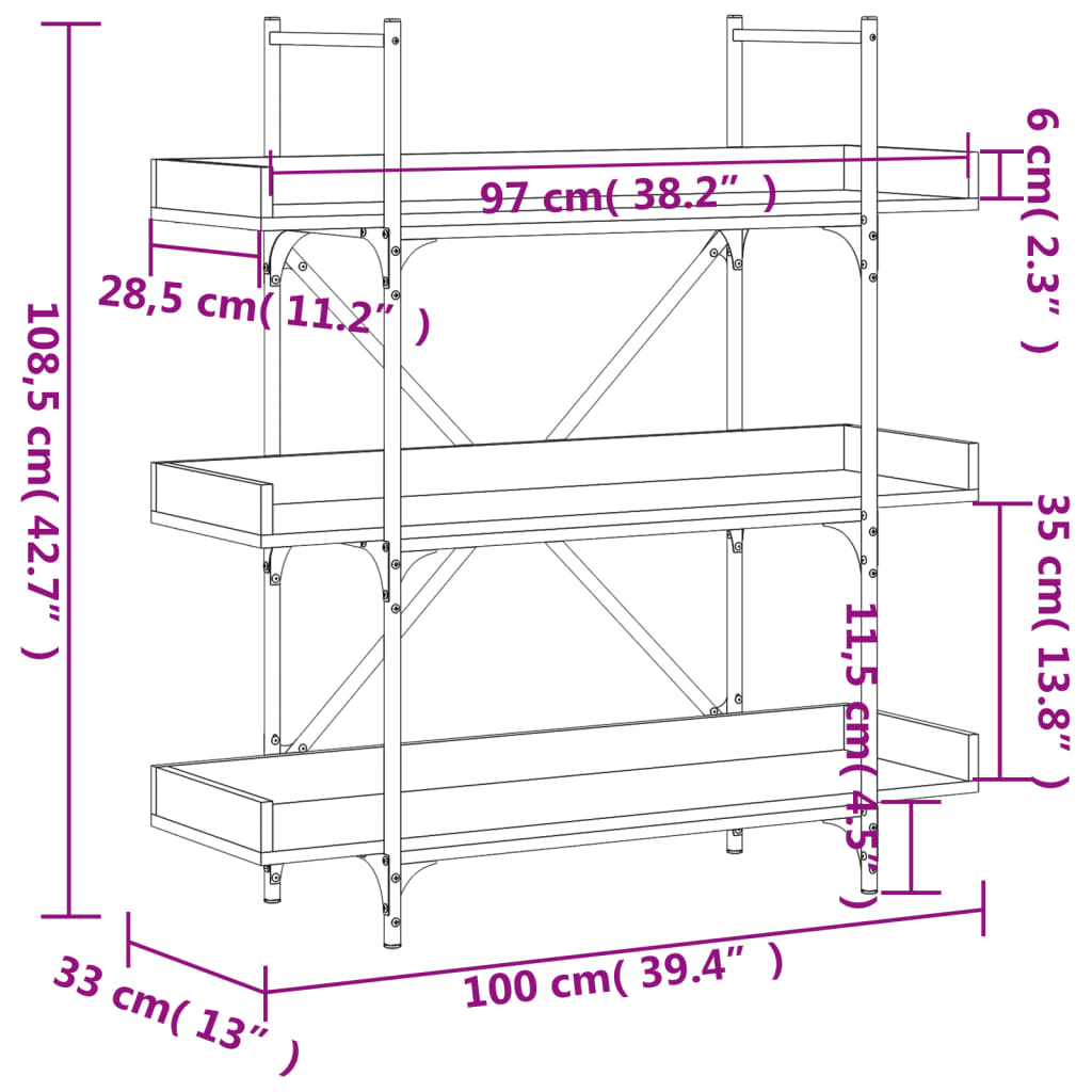 vidaXL Libreria a 3 Ripiani Nera 100x33x108,5 cm in Legno Multistrato