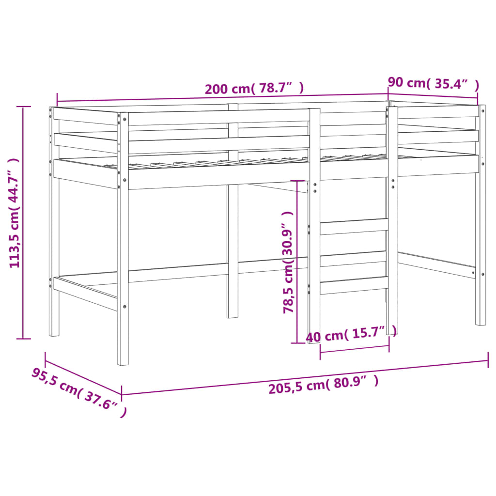 vidaXL Letto Soppalco con Scala Bambini Nero 90x200cm Massello Pino VIDAXL