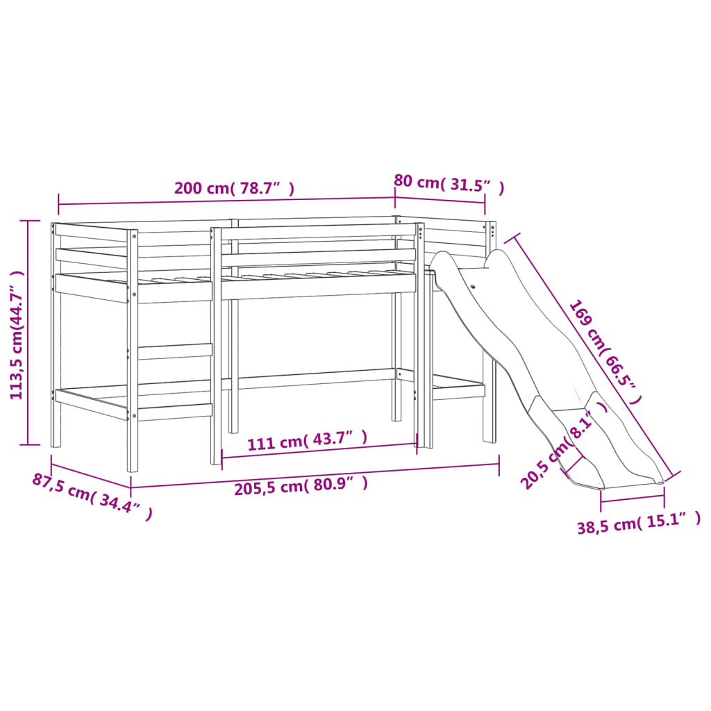 vidaXL Letto Soppalco con Scivolo Bambini 80x200cm Legno Massello Pino