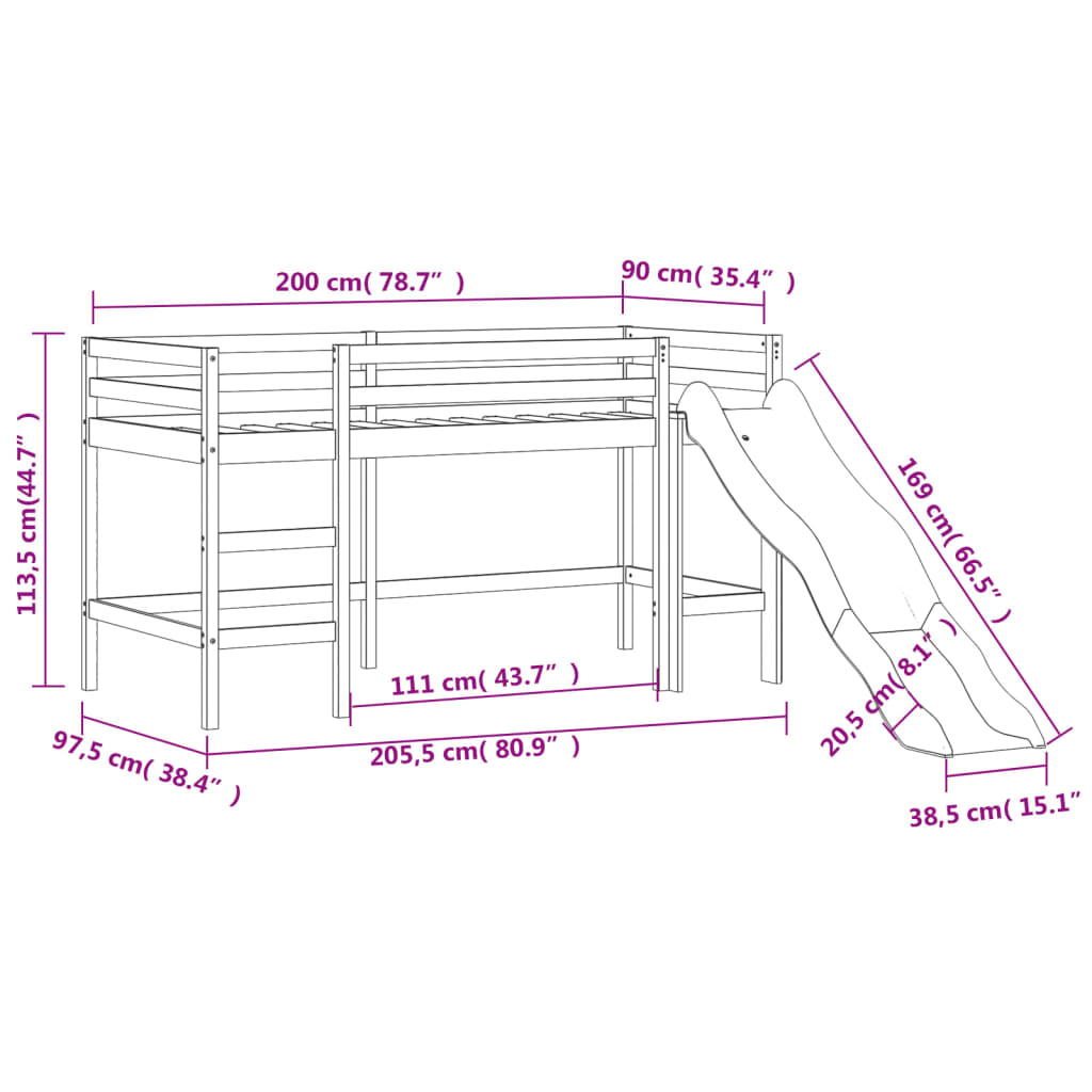 vidaXL Letto Soppalco con Scivolo Bambini Nero 90x200cm Massello Pino VIDAXL