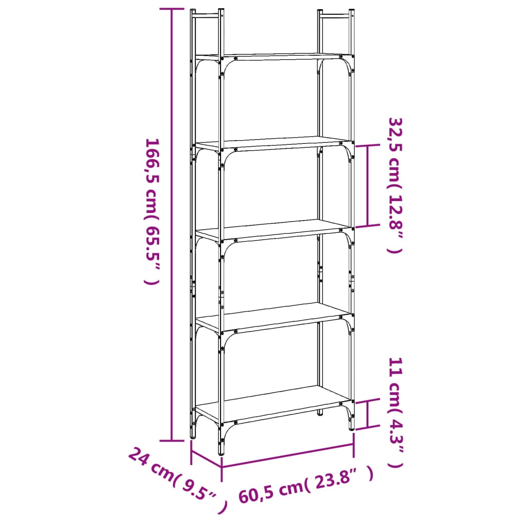 vidaXL Libreria 5Ripiani Grigio Sonoma 60,5x24x166,5 Legno Multistrato