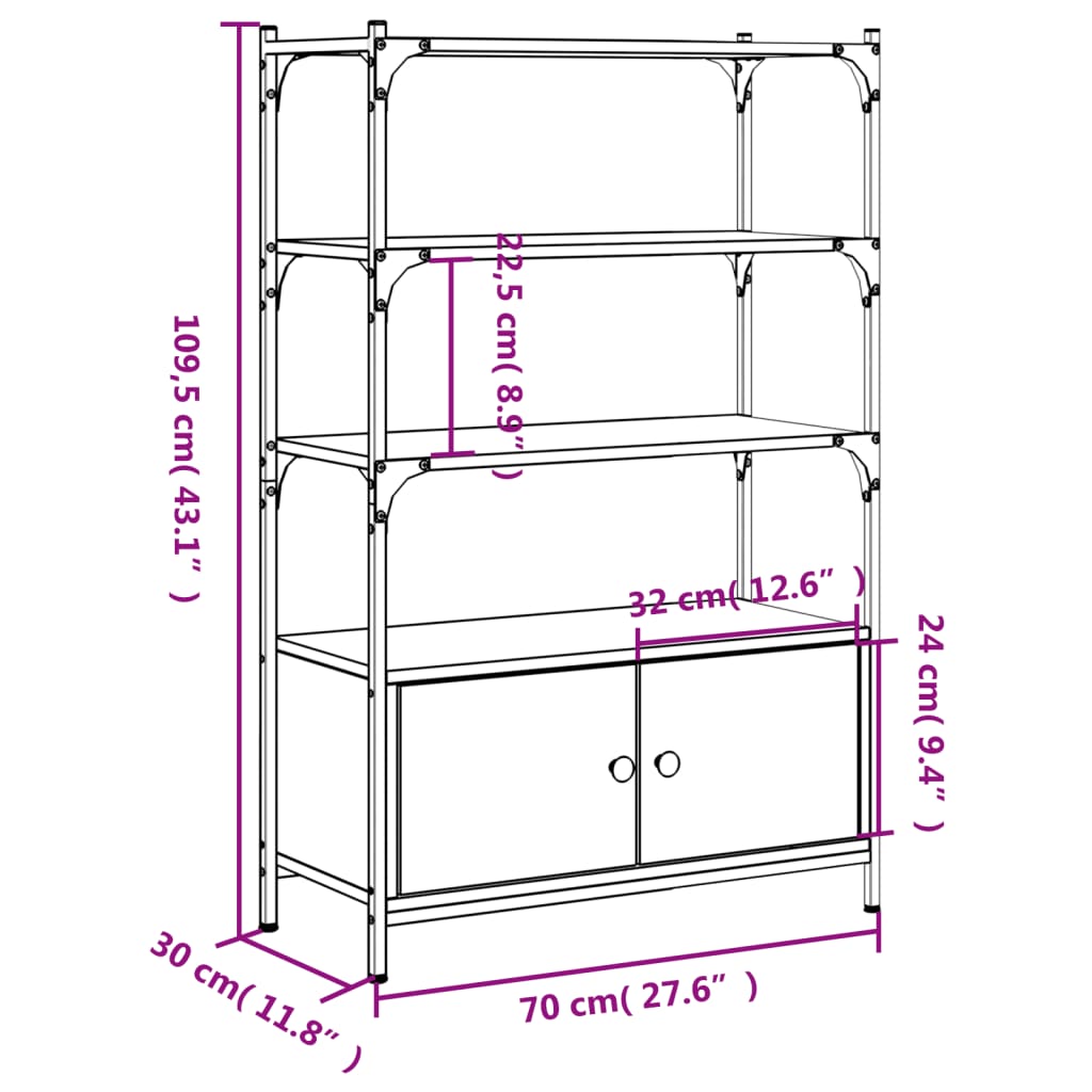 vidaXL Libreria 3Ripiani Grigio Sonoma 70x30x109,5cm Legno Multistrato