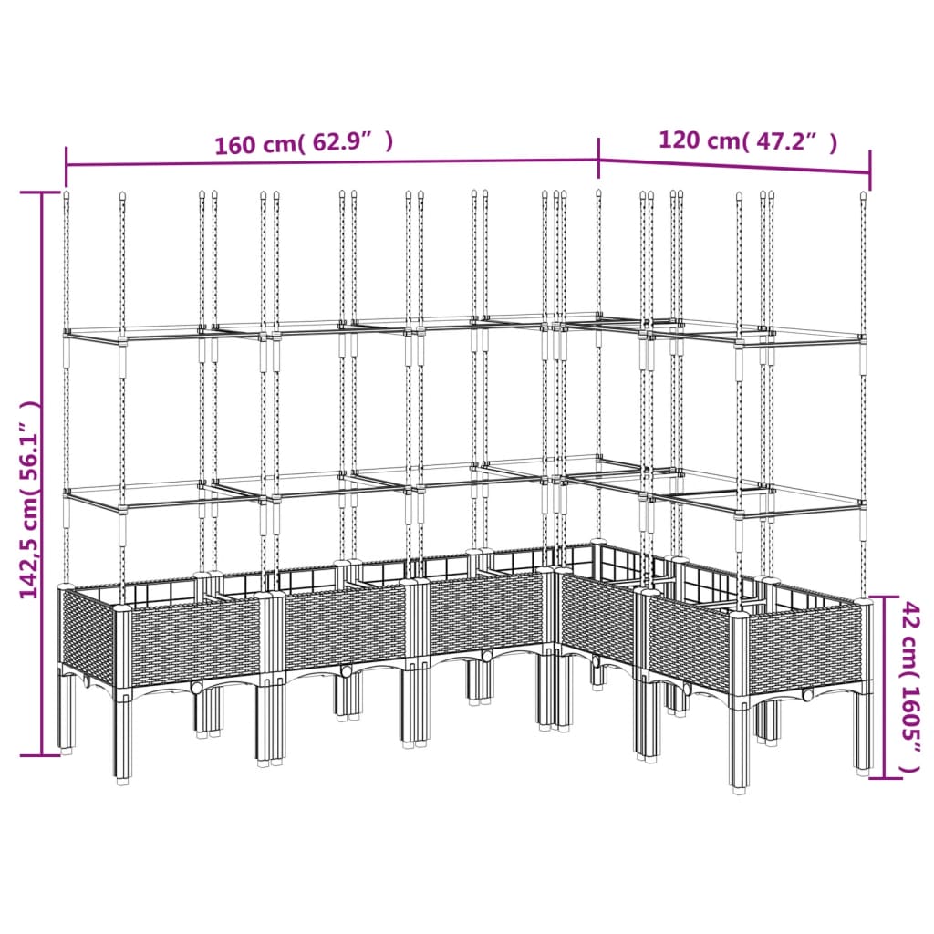 vidaXL Fioriera Giardino con Graticcio Grigio 160x120x142,5 cm PP