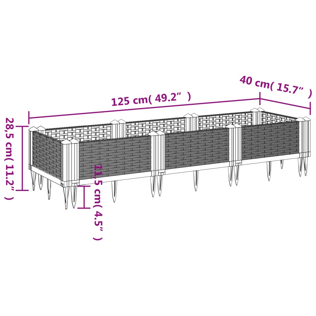 vidaXL Fioriera Giardino con Picchetti Grigio Blu 125x40x28,5 cm PP