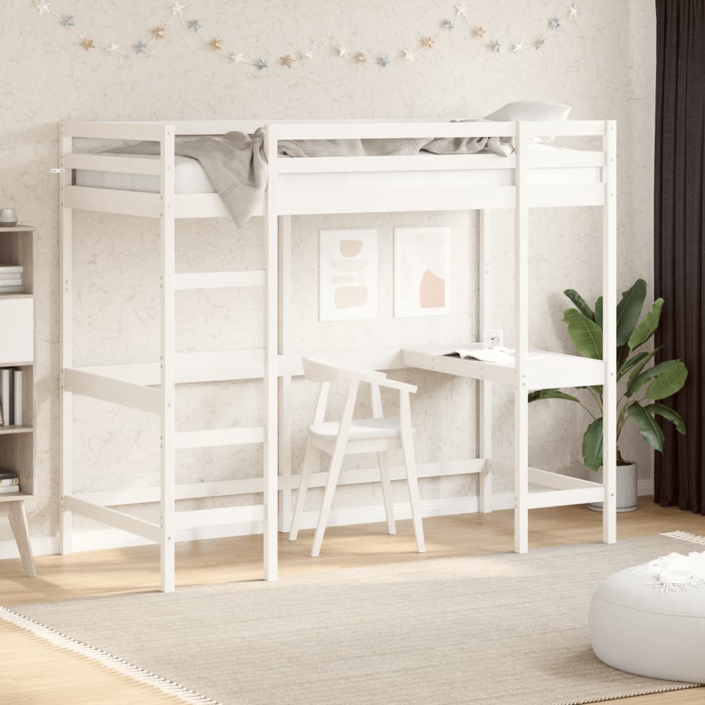 vidaXL Letto Soppalco con Scrivania Bianco 90x200 cm Massello Pino