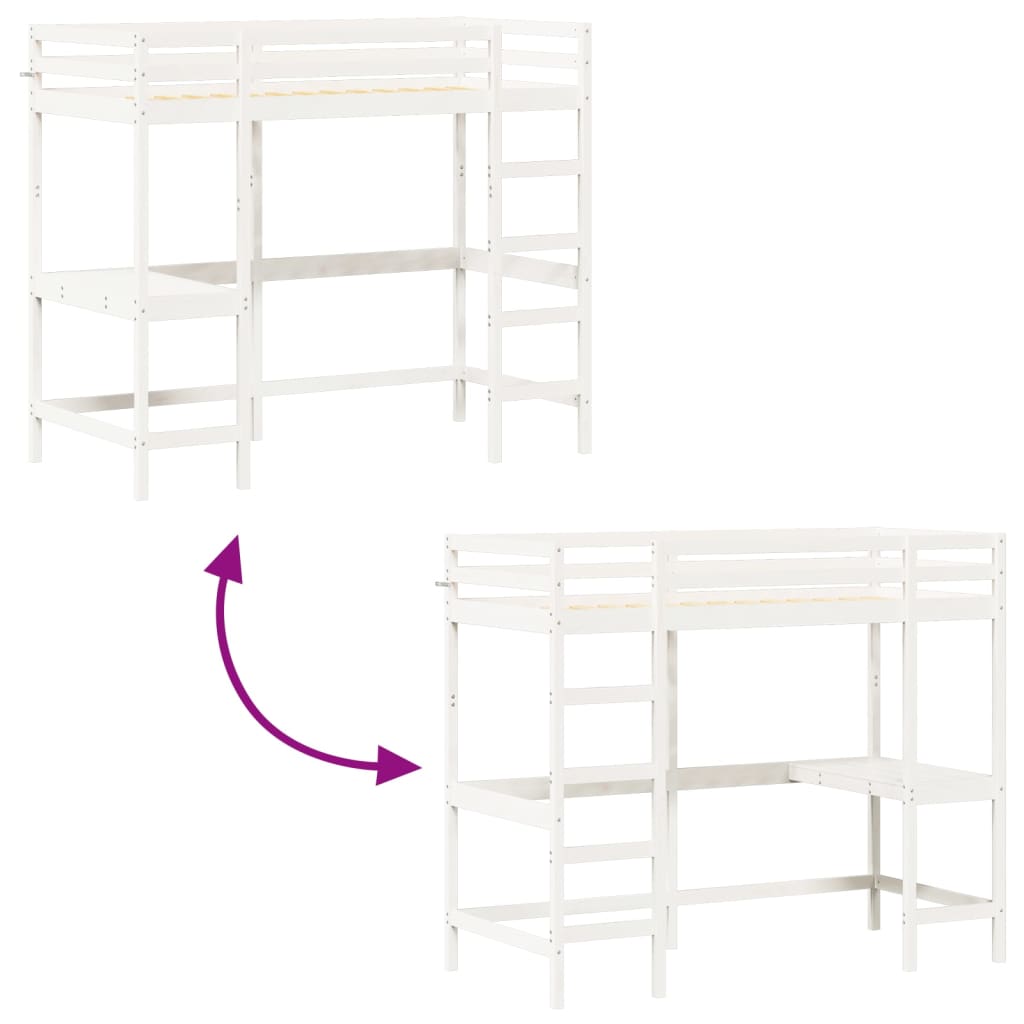 vidaXL Letto Soppalco con Scrivania Bianco 90x200 cm Massello Pino