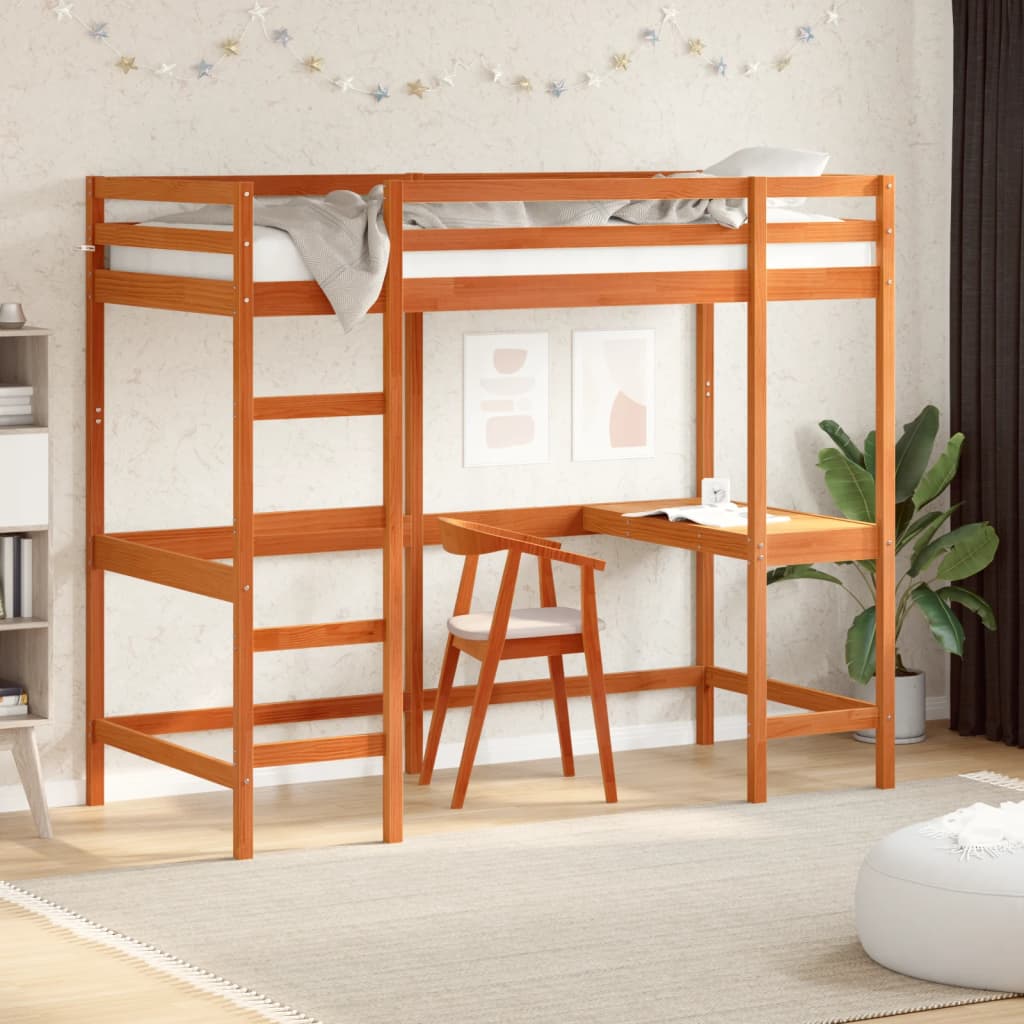 vidaXL Letto Soppalco con Scrivania Marrone Cera 90x200 cm Legno Pino