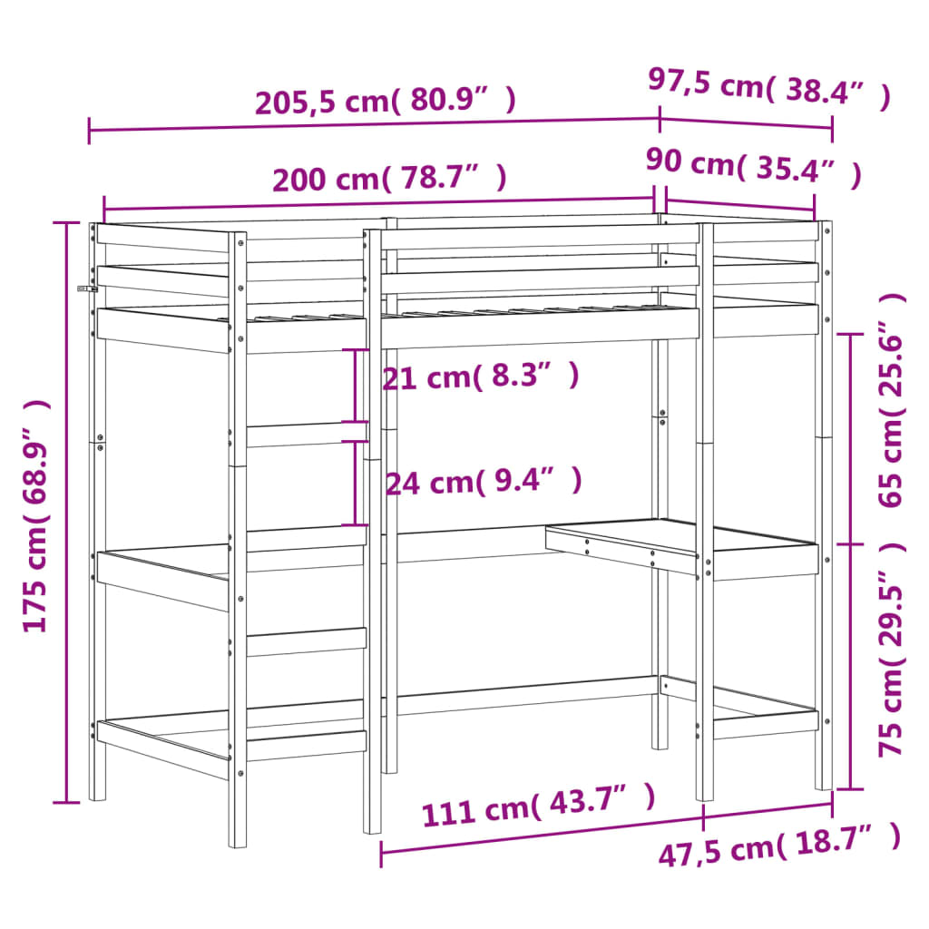 vidaXL Letto Soppalco con Scrivania Marrone Cera 90x200 cm Legno Pino
