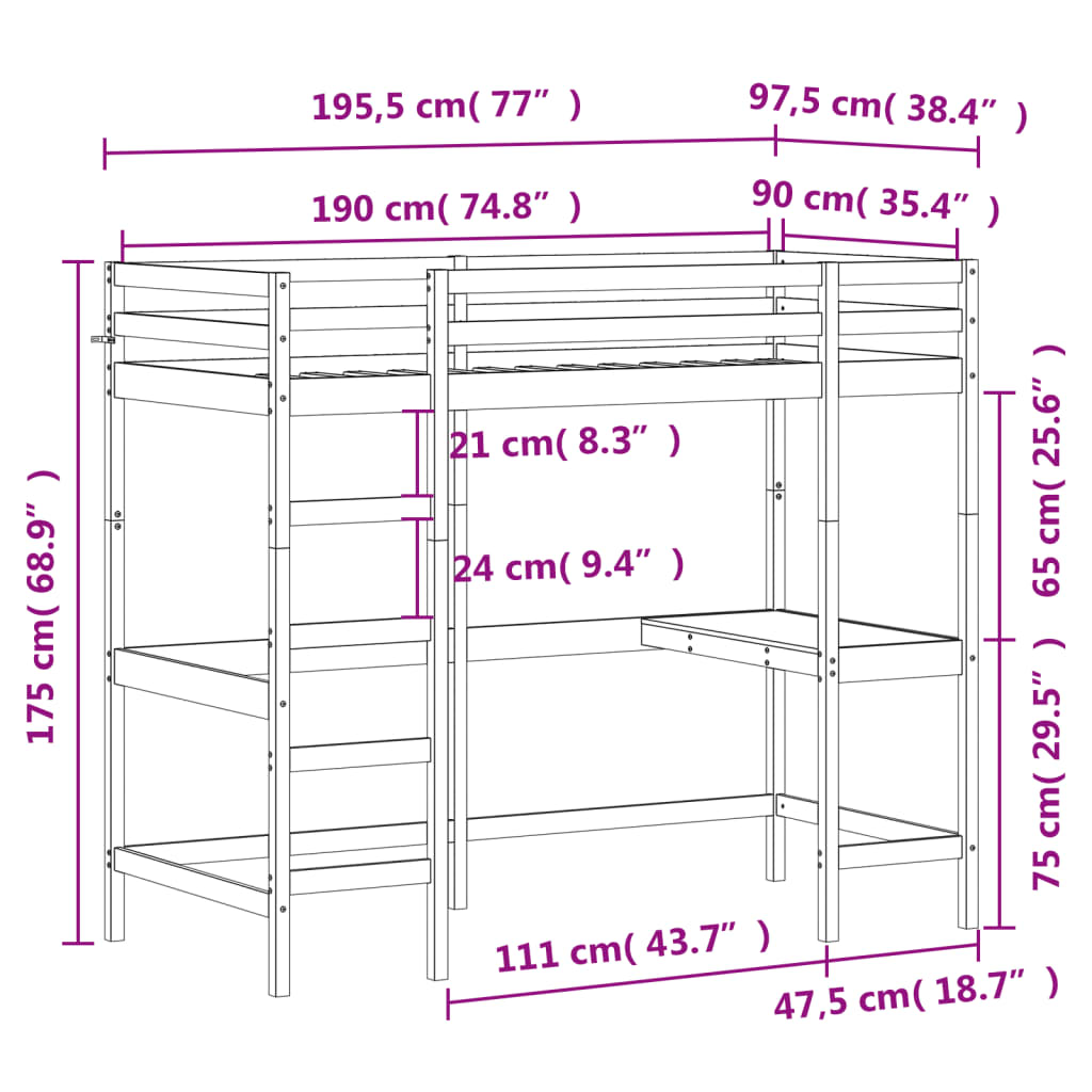 vidaXL Letto Soppalco con Scrivania 90x190 cm Legno Massello Pino