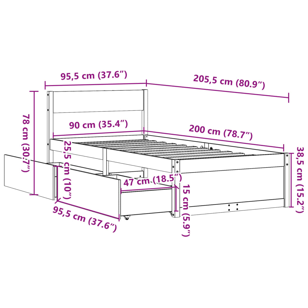 vidaXL Letto senza Materasso Marrone Cera 90x200 cm Legno di Pino VIDAXL