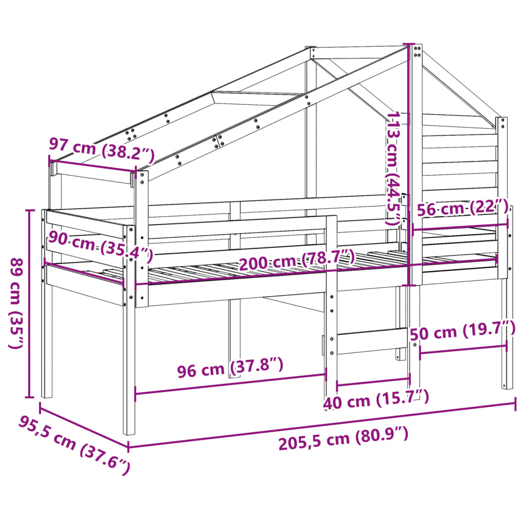 vidaXL Letto Soppalco con Scala e Tetto 90x200 cm Legno Massello Pino VIDAXL