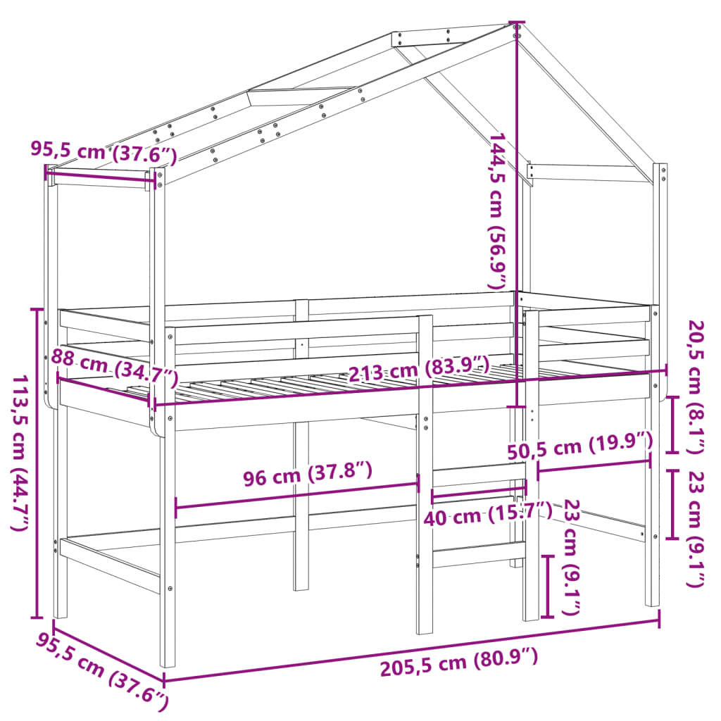 vidaXL Letto Soppalco con Scala e Tetto 90x200 cm Legno Massello Pino VIDAXL