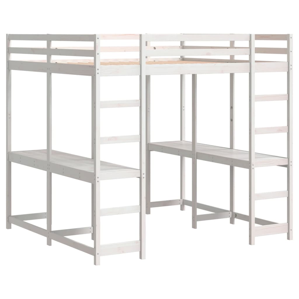 vidaXL Letto Soppalco Scrivania e Scala Bianco 200x200cm Massello Pino