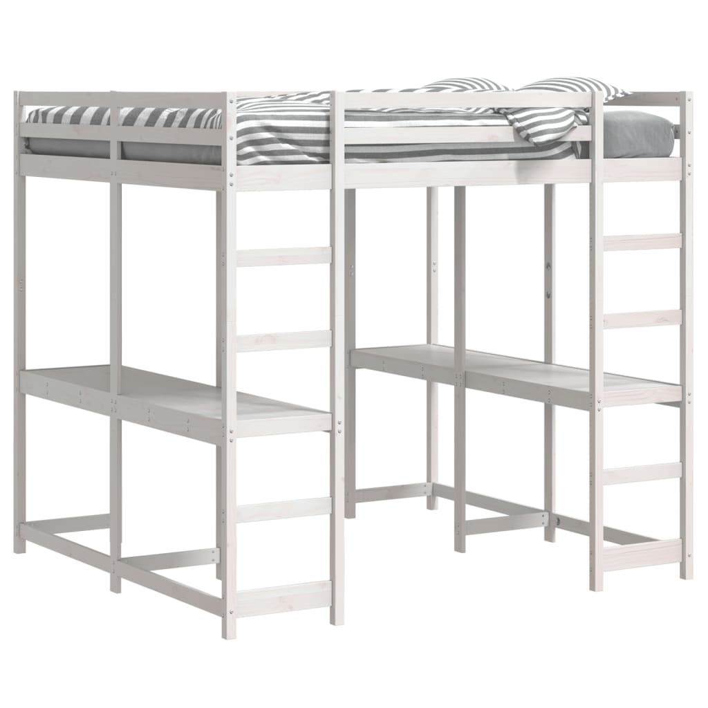 vidaXL Letto Soppalco Scrivania e Scala Bianco 200x200cm Massello Pino