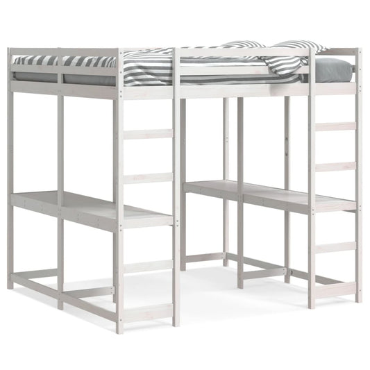 vidaXL Letto Soppalco Scrivania e Scala Bianco 200x200cm Massello Pino