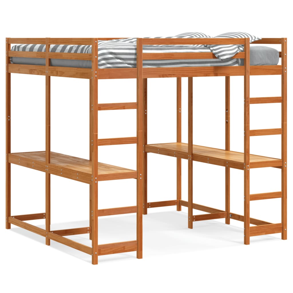 vidaXL Letto Soppalco Scrivania e Scala Marrone Cera 160x200cm Pino