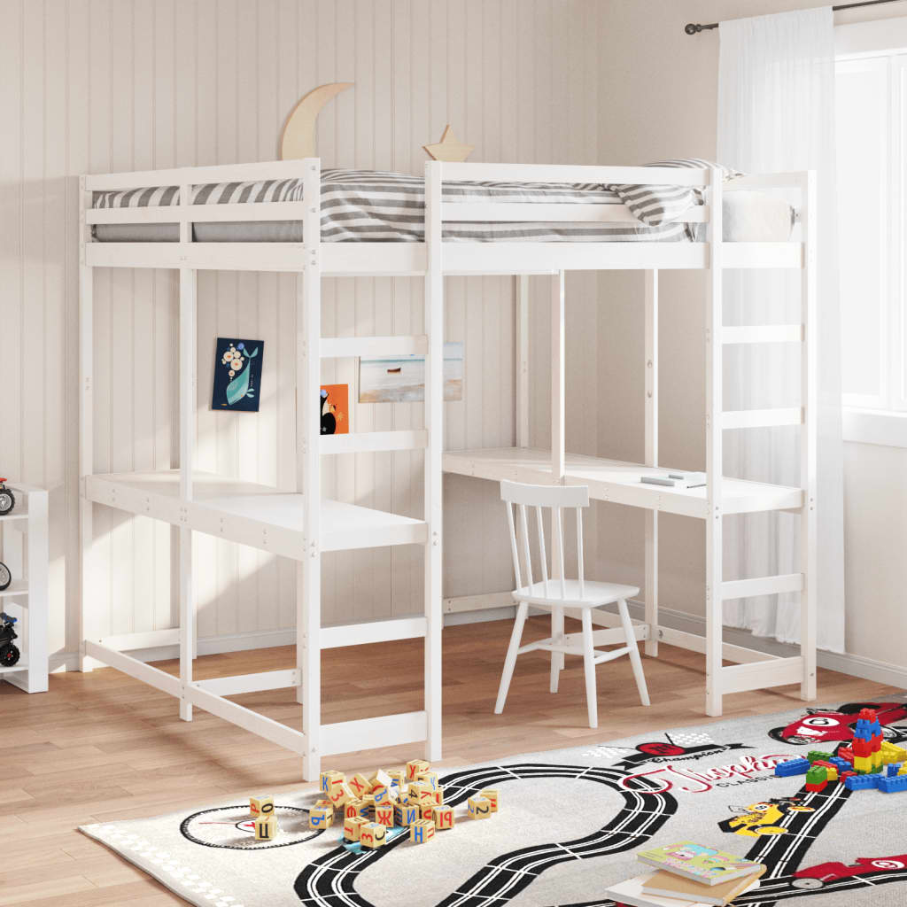 vidaXL Letto Soppalco Scrivania e Scala Bianco 140x200cm Massello Pino