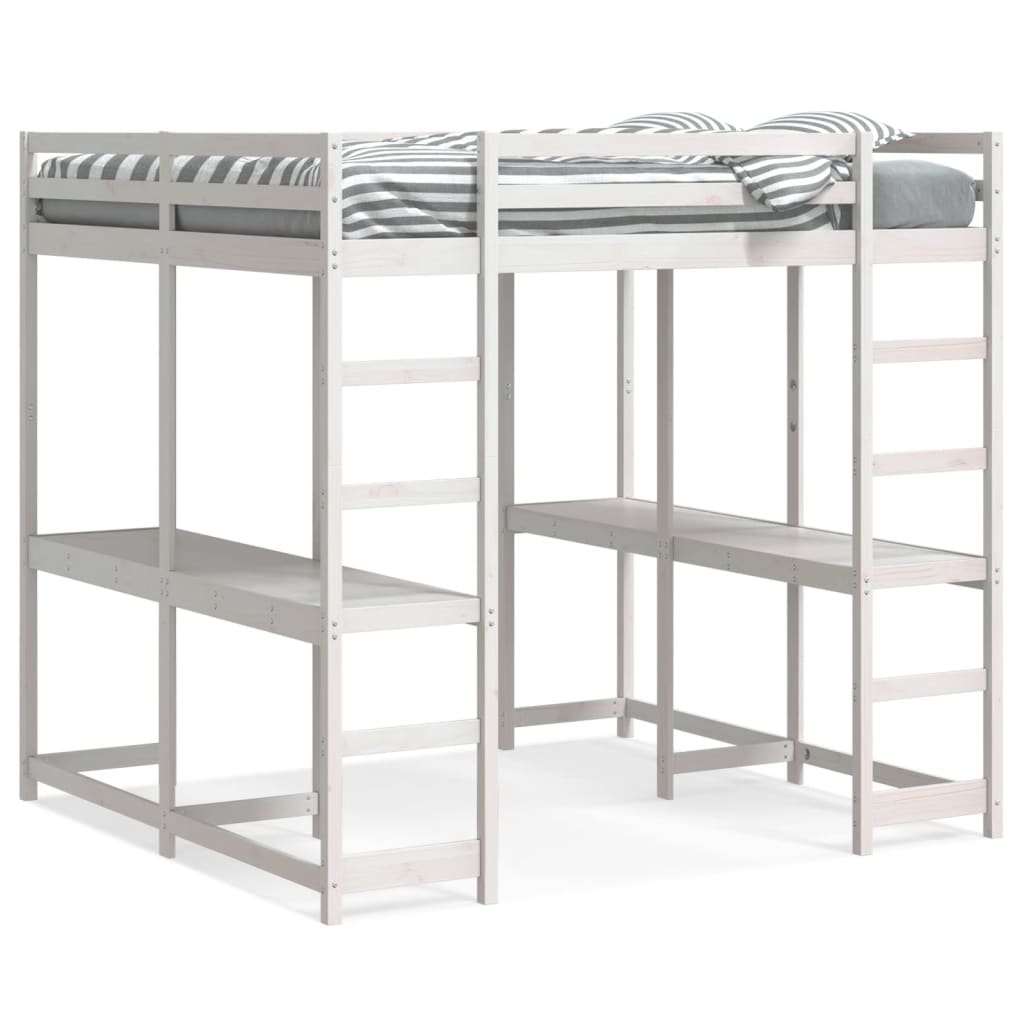 vidaXL Letto Soppalco Scrivania e Scala Bianco 140x200cm Massello Pino