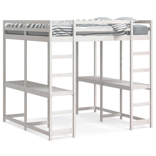 vidaXL Letto Soppalco Scrivania e Scala Bianco 140x200cm Massello Pino
