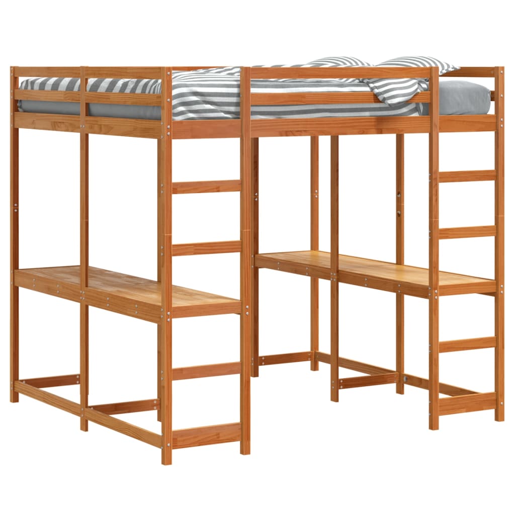 vidaXL Letto Soppalco Scrivania e Scala Marrone Cera 140x200cm Pino VIDAXL