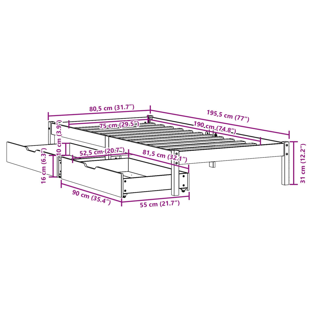 vidaXL Letto senza Materasso Marrone Cera 75x190 cm in Legno di Pino VIDAXL