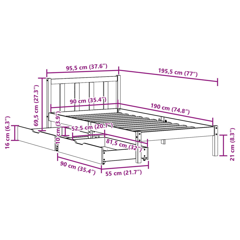vidaXL Letto senza Materasso Marrone Cera 90x190 cm in Legno di Pino VIDAXL
