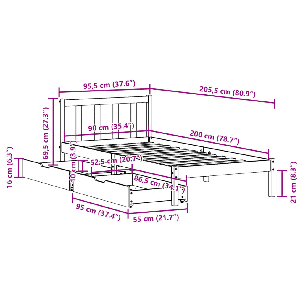 vidaXL Letto senza Materasso Marrone Cera 90x200 cm Legno di Pino VIDAXL