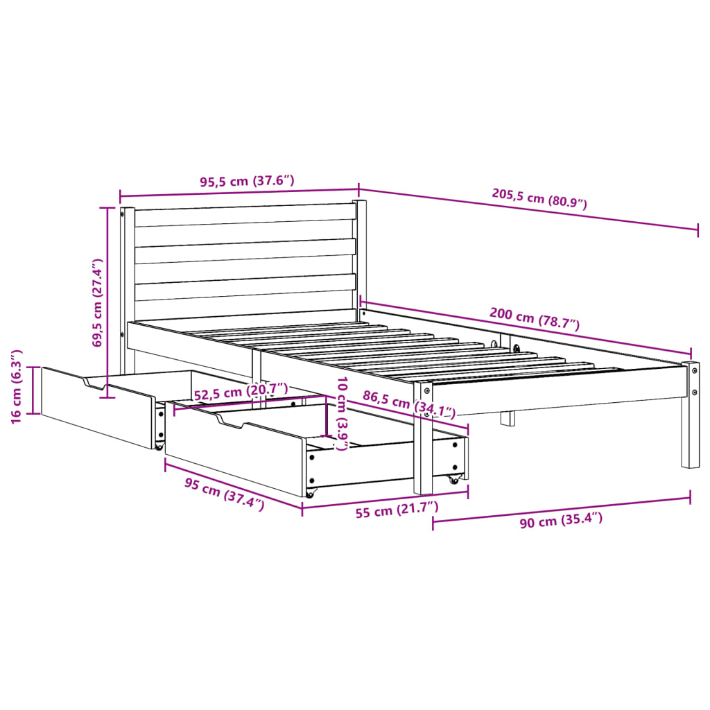 vidaXL Letto senza Materasso Marrone Cera 90x200 cm Legno di Pino VIDAXL