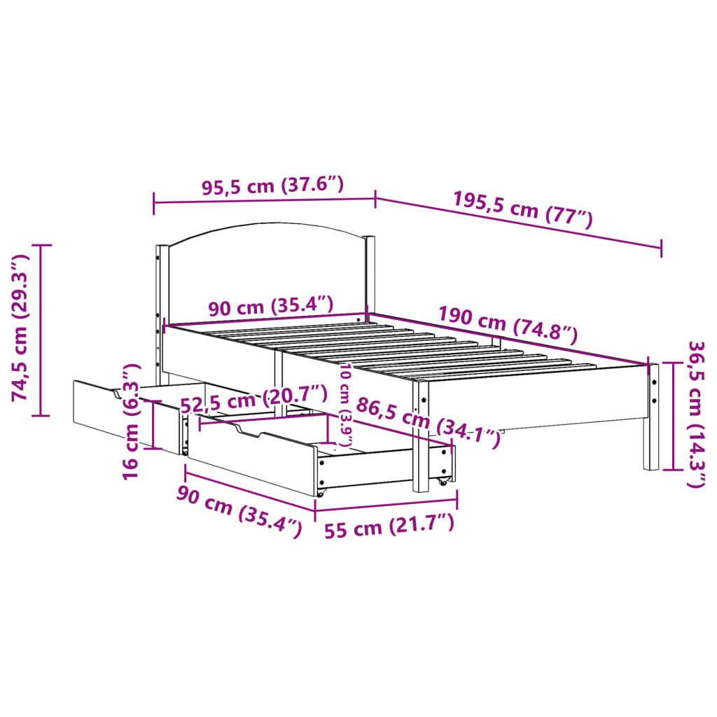 vidaXL Letto senza Materasso Marrone Cera 90x190 cm in Legno di Pino VIDAXL