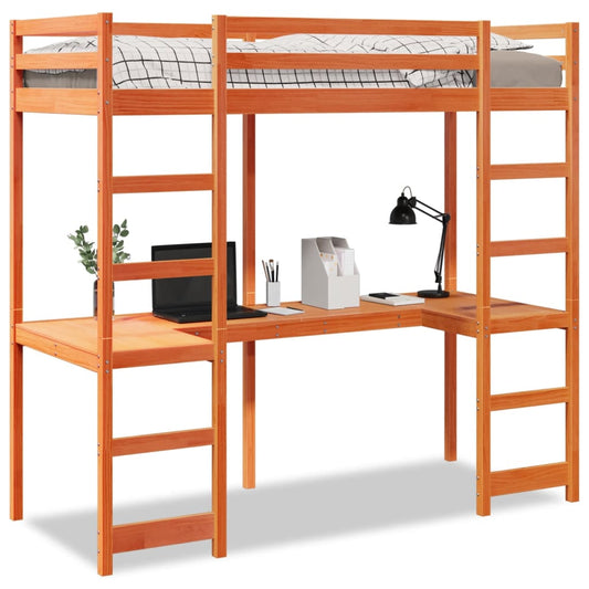 vidaXL Letto Soppalco con Scrivania Marrone Cera 90x200 cm Legno Pino
