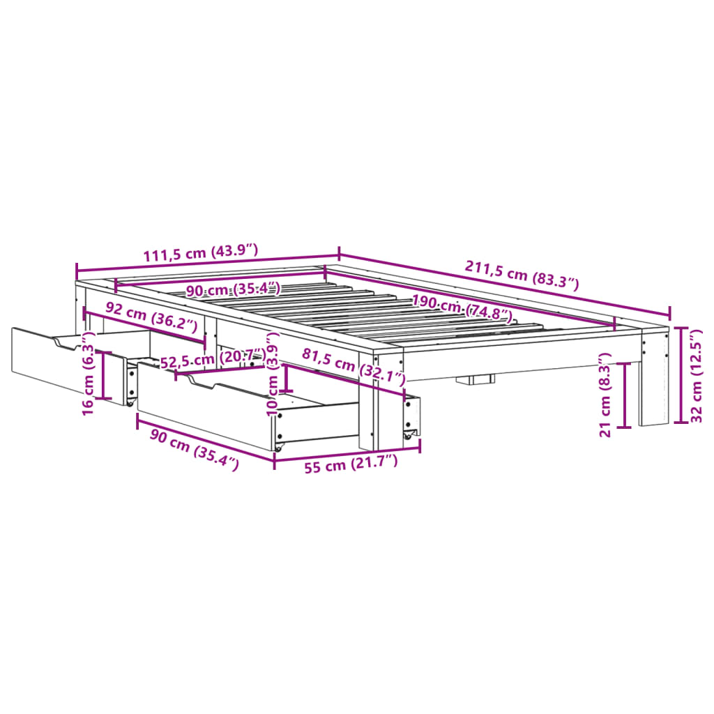 vidaXL Letto senza Materasso Marrone Cera 90x190 cm in Legno di Pino VIDAXL
