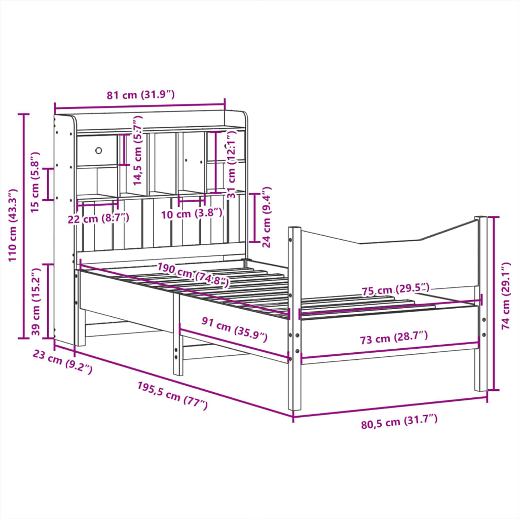 vidaXL Letto senza Materasso Marrone Cera 75x190 cm in Legno di Pino VIDAXL